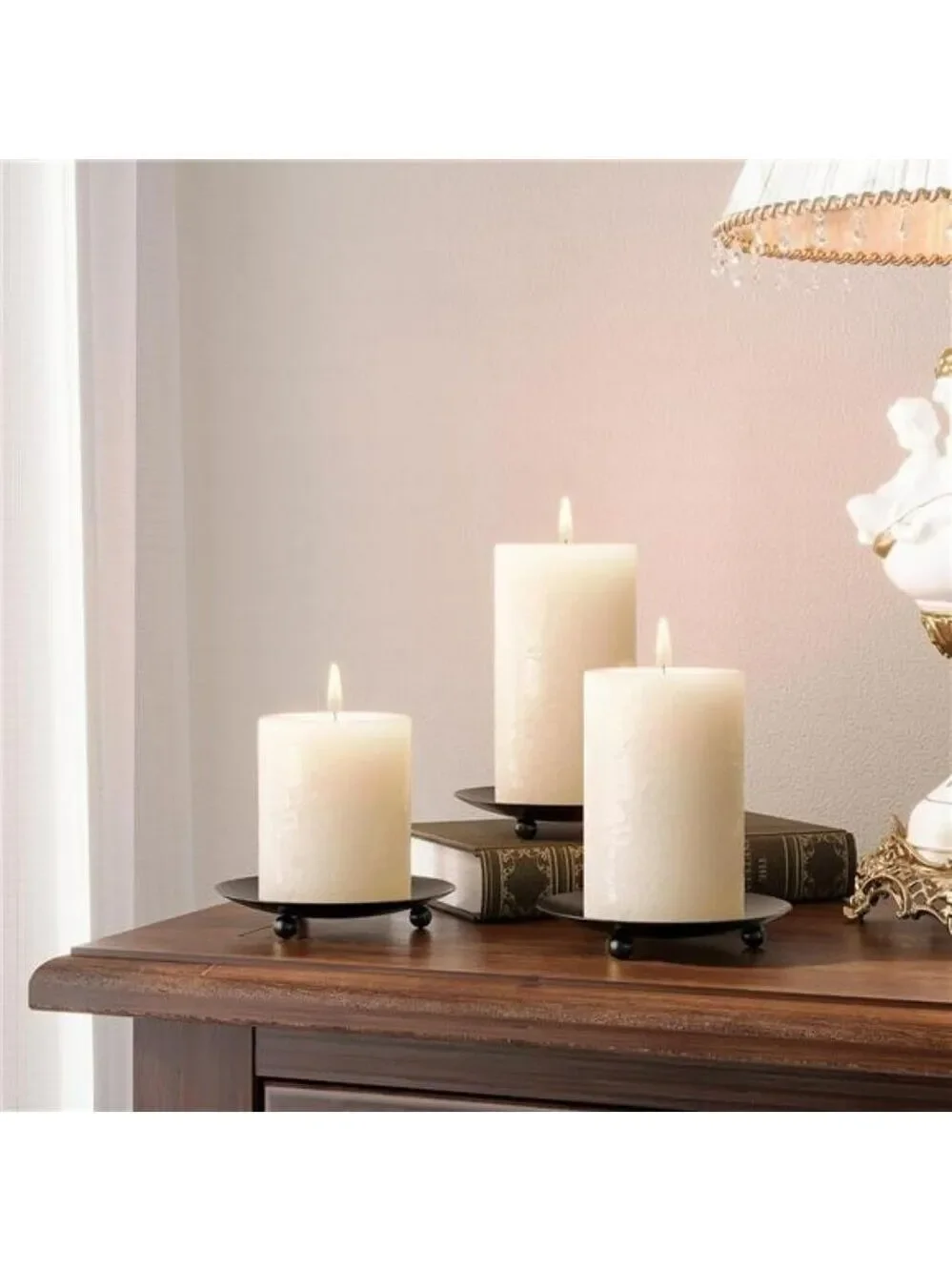 Set of 2 black metal pillar candle holders round candle plates for table decor